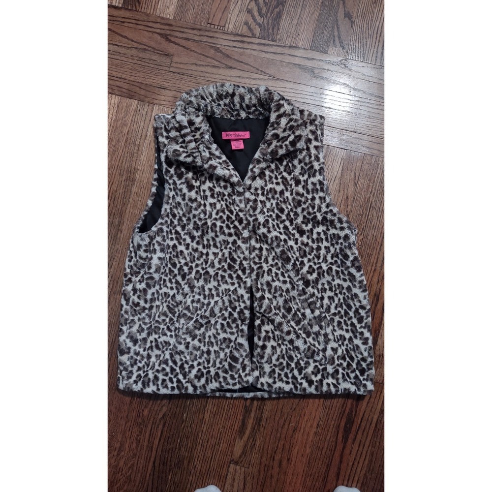 Betsey Johnson Faux Fur Leopard Print Vest Womens Medium Brown Gray Animal Print